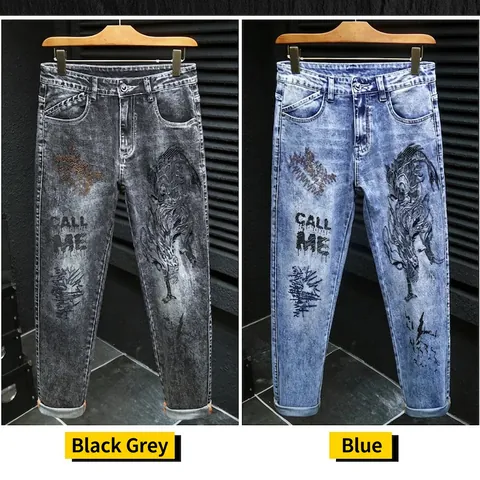 Herren Streetwear Slim Fit Baumwolle Denim Jeans Drachen Druck Buchstaben Stickerei Retro Gewaschene Lange Hose Für Männer