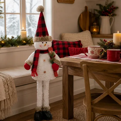 Pupazzo Di Neve Di Natale Peluche Gambe Telescopiche Cappello Quadri Rosso Nero Decorazione