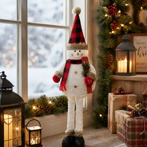 Pupazzo Di Neve Di Natale Peluche Gambe Telescopiche Cappello Quadri Rosso Nero Decorazione