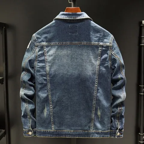 Giacca di Jeans Vintage da Uomo in Denim di Cotone Lavaggio Pesante Effetto Invecchiato Con Toppe Ricamate Casual Streetwear