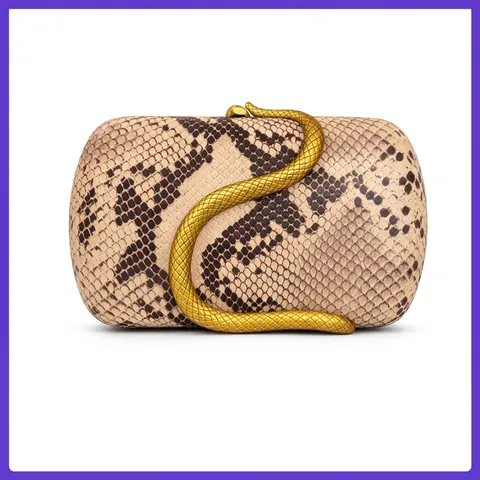 Luxury Women Evening Clutch Bag Hard Shell PU Leather Gold Snake Metal Clasp Chain Strap Vintage Party Wedding Handbag