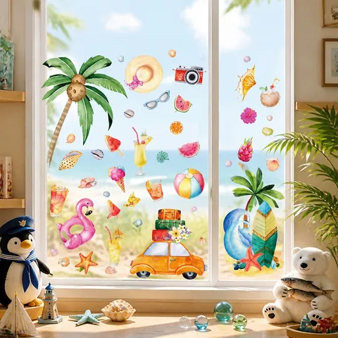 Summer Window Clings Static Stickers PVC Double Sided Tropical Beach Sea Life Ocean Decor For Glass Mirror Fridge