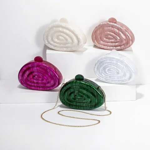 Acrylic Marble Texture Evening Bag Shell Shape Spiral Pattern Clutch For Women Wedding Party Shoulder Bag With Chain