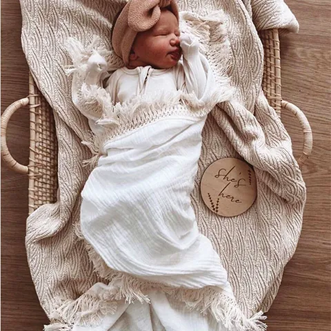 Baby Muslin Swaddle Blanket Soft Breathable Double Layer Cotton Gauze Receiving Wrap With Tassels For Newborns Infants