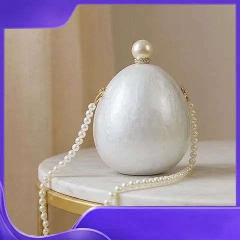 Elegante Bolso De Noche De Acrílico Y Perlas Artificiales Bolso De Mano Ovalado Textura De Concha Con Cadena De Perlas Artificiales Para Boda Banquete Mujeres
