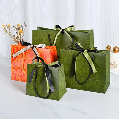 Elegant Gift Paper Bags With Ribbon Bow Vintage Damask Pattern Luxury Packaging For Wedding Holiday Party Favors Handheld