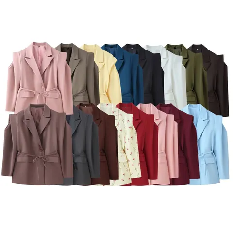 Giacca Blazer Donna Spalline Cintura Da Annodare Collo A Revers Maniche Lunghe Professionale Chic Elegante Cappotto