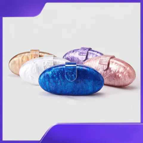 Elegant Acrylic Evening Clutch Bag Marble Texture Oval Hard Shell Handbag With Metal Chain For Women Wedding Party