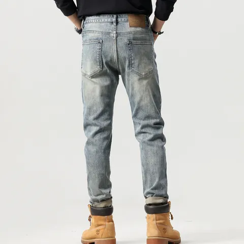 Herren Ripped Patchwork Jeans Slim Fit Gerade Denim Hose Vintage Bestickt Palme Distressed Blau Streetwear Mode