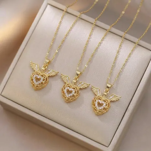 Hart Vleugels Hanger Ketting Titanium Staal Zirkoon Micro Inlay Holle Engel Vleugel Sleutelbeen Ketting Sieraden Voor Vrouwen