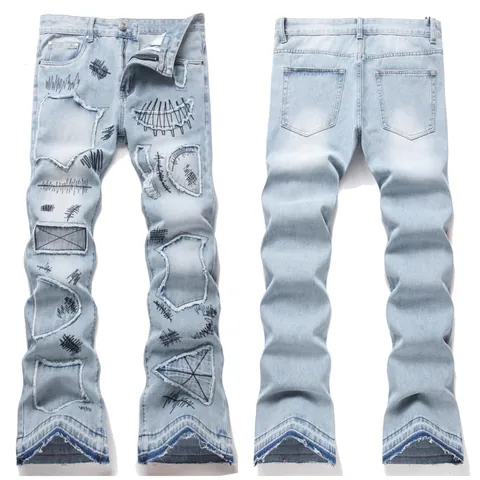 Herren Flare Jeans Baumwollmischung Distressed Patchwork Stickerei Punk Streetwear Denim Hose Hellblau Vintage Washed Trousers