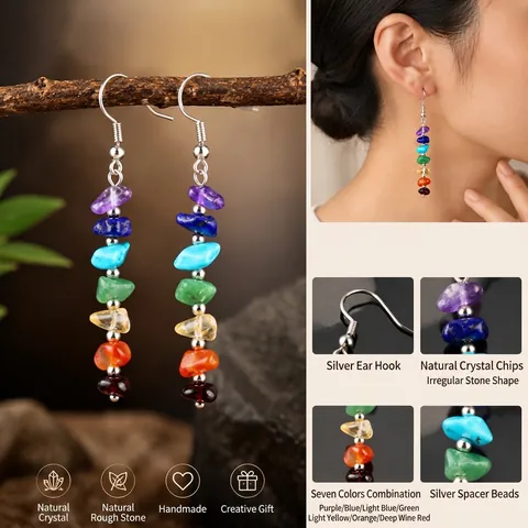 Natural Crystal Chakra Chip Stone Drop Earrings 7 Colors Handmade Wire Wrapped Bohemian Ethnic Style Jewelry Women