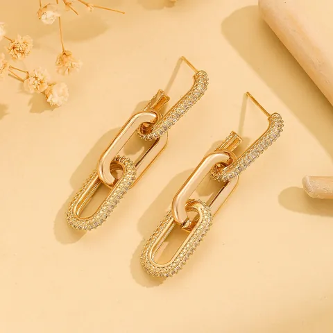 Elegante Kupfer Kettenglied Hängeohrringe Moderne Vergoldete Geometrische Ohrringe Mit Zirkonia Für Damen Mode Schmuck