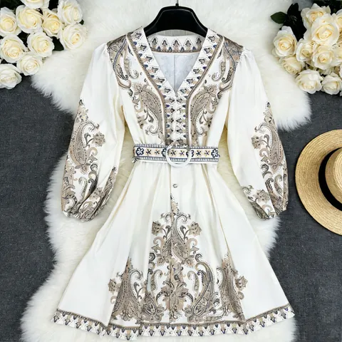 Women's Bohemian Paisley Print V-Neck Maxi Dress Vintage Long Lantern Sleeve A-Line Vacation Dress With Belt Summer Dress