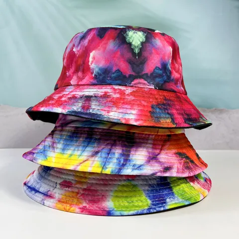 Tie Dye Bucket Hat For Women Men Unisex Double Sided Polyester Sun Protection Wide Brim Flat Top Fisherman Hat Outdoor Beach