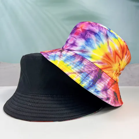 Tie Dye Bucket Hat For Women Men Unisex Double Sided Polyester Sun Protection Wide Brim Flat Top Fisherman Hat Outdoor Beach