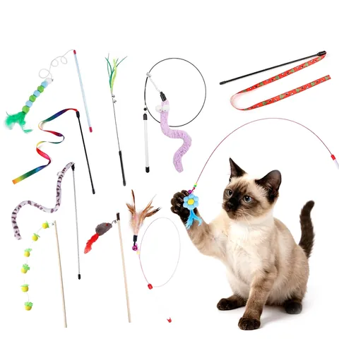Interactieve Kattenspeeltje Hengel Met Natuurlijke Veren Pluche Bal Bel Plastic Houten Handvat Voor Kittens Spelen