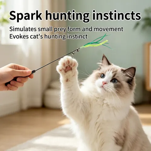 Interactieve Kattenspeeltje Hengel Met Natuurlijke Veren Pluche Bal Bel Plastic Houten Handvat Voor Kittens Spelen