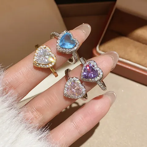 Heart Ring Stainless Steel Colored Cubic Zirconia Halo Inlaid Minimalist Light Luxury Niche Design Jewelry For Women