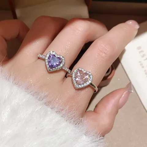 Heart Ring Stainless Steel Colored Cubic Zirconia Halo Inlaid Minimalist Light Luxury Niche Design Jewelry For Women