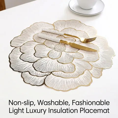 Luxury PVC Placemats 3D Floral Peony Pattern Bronzing Heat Resistant Hollow Out Leaf Shaped Table Mats For Dining Room