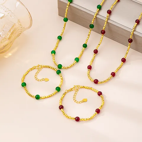 Set Collana e Braccialetto di Perline in Rame Placcato Oro Vintage per Donna Ciondolo a Cuore Perline in Resina Stile Etnico