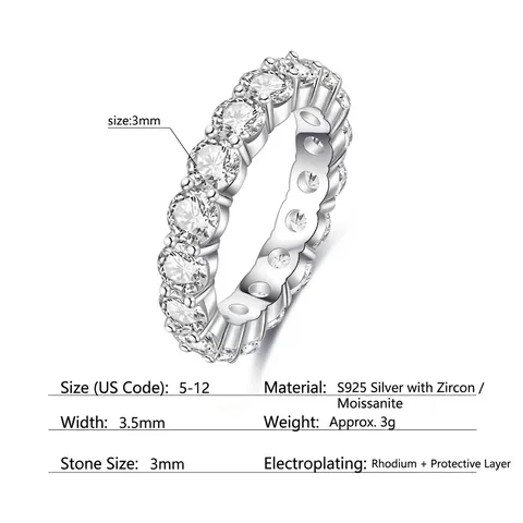 925 Sterling Silver 3mm Moissanite Eternity Ring Round Cut Zirconia Full Band For Women Hip Hop Wedding Jewelry Gift