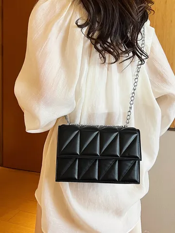 Quilted Crossbody Bag For Women Thick Chain PU Leather Small Square Shoulder Purse Versatile Street Style