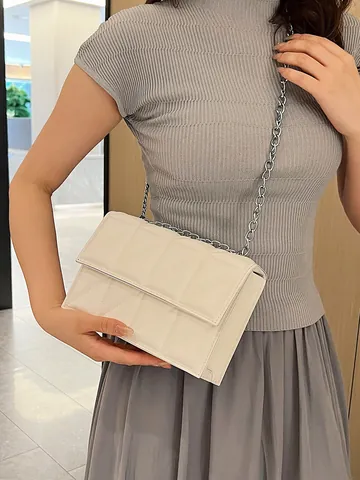 Quilted Crossbody Bag For Women Thick Chain PU Leather Small Square Shoulder Purse Versatile Street Style