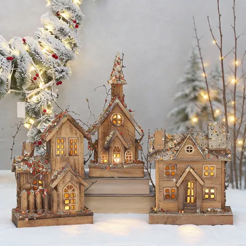 Casa De Navidad De Madera Luminosa LED Iglesia Adorno De Mesa Efecto Nieve Con Brillo Luz Cálida Decoración Rústica