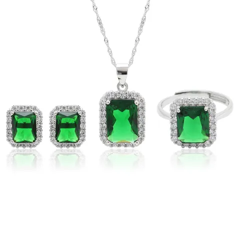 925 Sterling Silver Rectangular Emerald Green Ruby Red Jewelry Set Halo Rhinestone Ring Earrings Pendant Necklace For Women