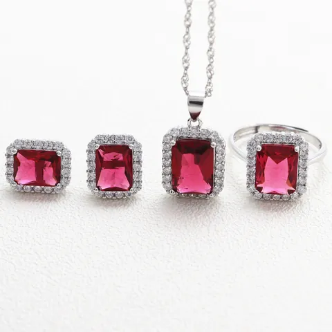 925 Sterling Silver Rectangular Emerald Green Ruby Red Jewelry Set Halo Rhinestone Ring Earrings Pendant Necklace For Women