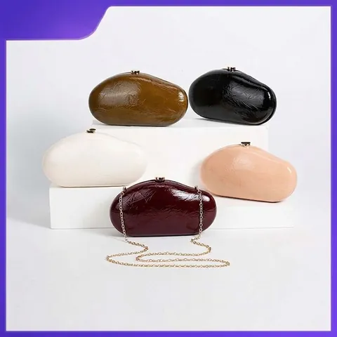 Evening Clutch Bag PU Patent Leather Wrinkled Cobblestone Shape With Gold Metal Clasp And Chain Strap For Women