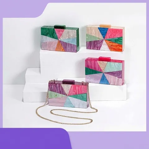 Acrylic Evening Clutch Bag Women Geometric Splicing Marble Texture Hard Shell Banquet Wedding Crossbody Metal Chain