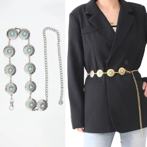 Cadena De Cintura Para Mujer Vintage Metal Étnico Bohemio Piedra Turquesa Ajustable Accesorios Para Vestidos