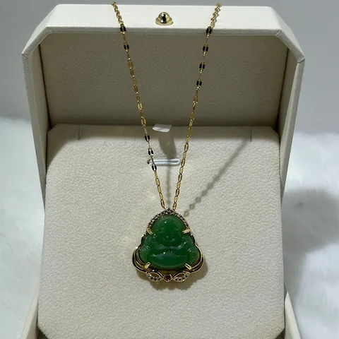 Maitreya Buddha Pendant Necklace 18K Gold Plated Copper Faux Chalcedony Zircon Stainless Steel Chain Lucky Jewelry For Women