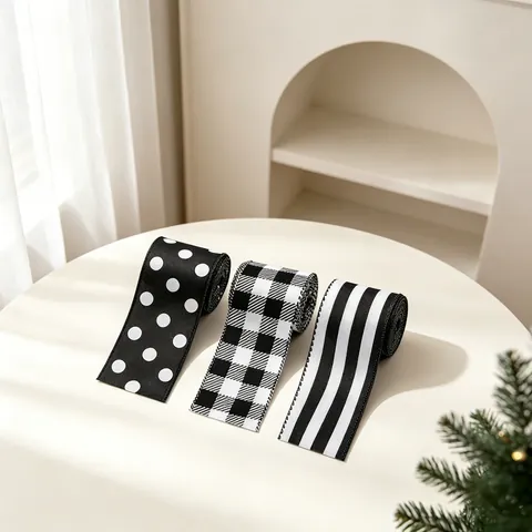 Christmas Decorative Ribbon Polyester Wired Edge For Gift Wrapping DIY Bows Holiday Tree Decor Stripes Plaid Polka Dots