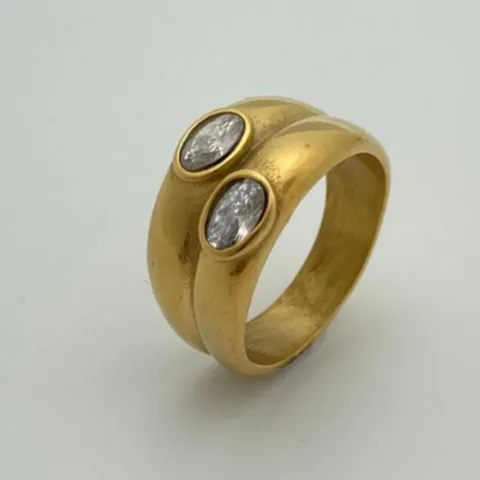 Bague Large en Acier Inoxydable Plaquée Or Vintage Double Zirconium Ovale Style Old Money Bijoux de Mode Cadeau Femme