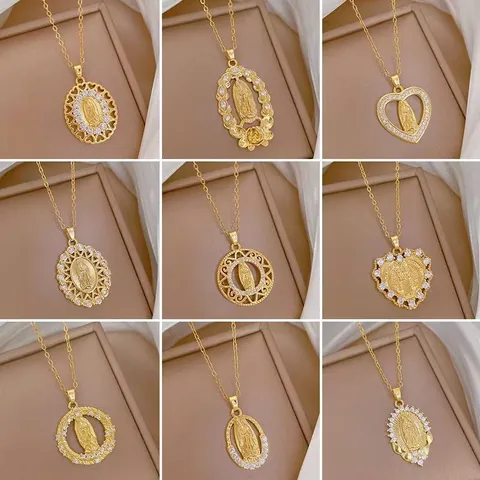 Vintage Gold Plated Stainless Steel Chain Copper Zirconia Virgin Mary Pendant Necklace Religious Portrait Jewelry For Women