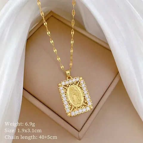 Vintage Gold Plated Stainless Steel Chain Copper Zirconia Virgin Mary Pendant Necklace Religious Portrait Jewelry For Women
