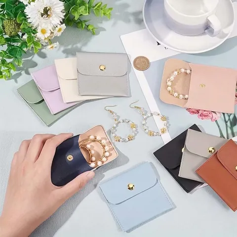 Mini PU Leather Jewelry Storage Pouch With Metal Snap Button Portable Litchi Texture Necklace Ring Gift Packaging Bag For Women
