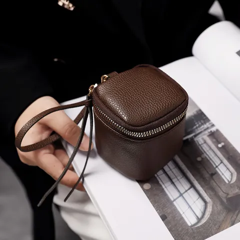 Mini-Münzbörse Aus Echtem Rindsleder Mit Lychee-Muster Reißverschluss-Kartenhalter Schlüsselbeutel Lippenstift-Tasche Mit Handschlaufe
