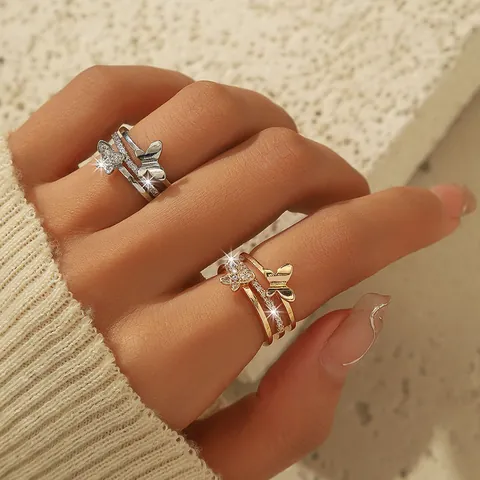 Exquisite Butterfly Multi-layer Ring Copper Zirconia Inlaid Electroplated Stackable Finger Ring For Women Party Daily Jewelry
