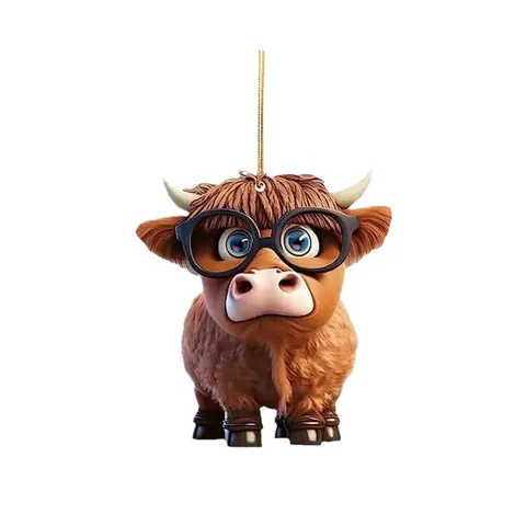 Cartoon Highland Cow Christmas Tree Ornament Flat Acrylic Animal Cow Pendant With Gold String Cute Hanging Decor For Holiday Party