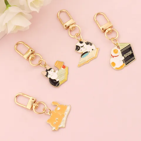 Cute Cartoon Reading Cat Metal Keychain Enamel Zinc Alloy Book Cat Bag Pendant Jewelry Gift For Students Friends Women