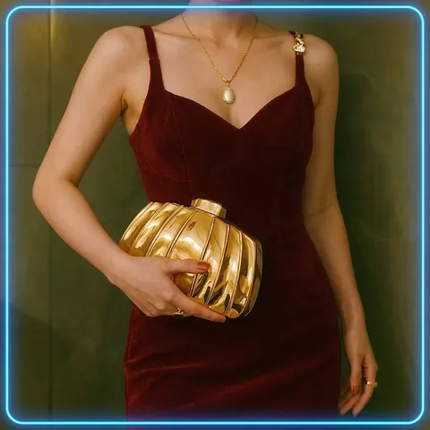Sac De Soirée Femme Coque Rigide Métallique Design Plissé Chaîne Amovible Sac À Main Pour Mariage Fête Banquet