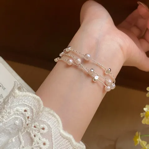 Exquisite Alloy Artificial Pearl Bracelet For Women Multi-layer Light Luxury Princess Style Rhinestone Hand Jewelry Pink Silver Color