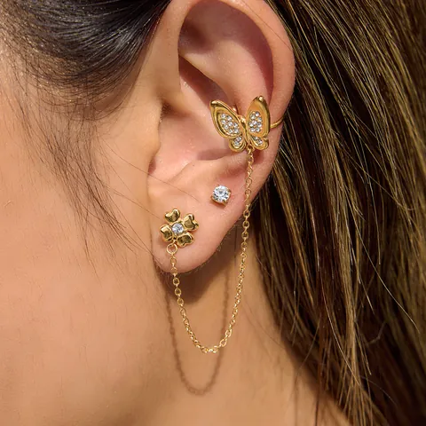 Butterfly Tassel Earrings Ear Bone Clip Stainless Steel Gold Plated Rhinestone Long Chain Flower Stud Earrings For Women Jewelry