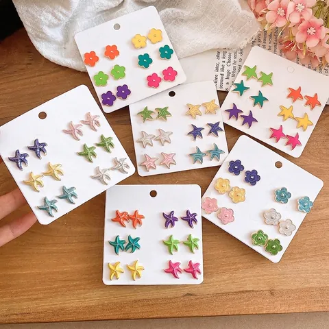 Pendientes de Botón Dopamina Mujer Flor Estrella de Mar Estrella Juego Esmaltado Aleación Poste de Plata Joyería Regalo 6 Pares
