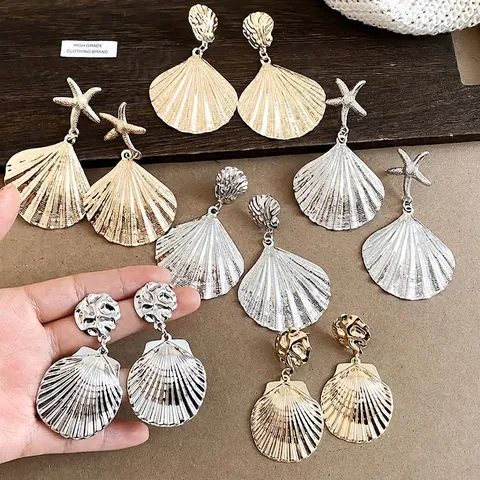 Orecchini Pendenti in Metallo a Forma di Stella Marina e Conchiglia Oro Argento Placcato Ferro Con Perno in Argento Sterling 925 Gioielli da Spiaggia Donna